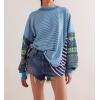 imageCHARTOU Women Floral Boho Stripes Patchwork Pullover Sweatshirt Oversized Long Sleeve Lightweight Sweatshirt TopBlue