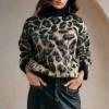 imageCHARTOU Women Fuzzy Leopard Knit Pullover Sweater Fall Winter Oversized Turtleneck Long Sleeve Jumper TopsBlack