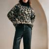 imageCHARTOU Women Fuzzy Leopard Knit Pullover Sweater Fall Winter Oversized Turtleneck Long Sleeve Jumper TopsBlack