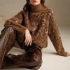 imageCHARTOU Women Fuzzy Leopard Knit Pullover Sweater Fall Winter Oversized Turtleneck Long Sleeve Jumper TopsBrown