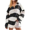 imageCHARTOU Women Spring Fall Stripes Pullover Sweatshirt Polo Collar Long Sleeve Oversized Pullover Shirt TopsBlack