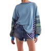 imageCHARTOU Women Floral Boho Stripes Patchwork Pullover Sweatshirt Oversized Long Sleeve Lightweight Sweatshirt TopBlue