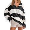 imageCHARTOU Women Spring Fall Stripes Pullover Sweatshirt Polo Collar Long Sleeve Oversized Pullover Shirt TopsBlack