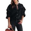 imageCHARTOU Womens Vintage Ruffle Lantern Sleeve Shacket Beaded Denim Blouse Shirt JacketBlack
