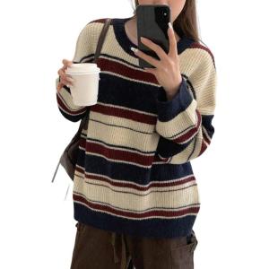 imageCHARTOU Women Color Block Sweater Preppy Style Chunky Knit Striped Pullover SweaterBlue
