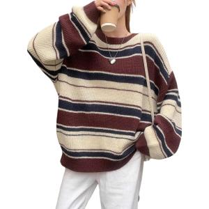 imageCHARTOU Women Color Block Sweater Preppy Style Chunky Knit Striped Pullover SweaterCoffee