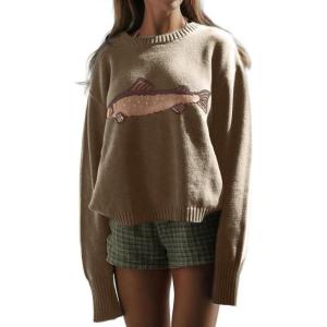 imageCHARTOU Women Fashion Crew Neck Rib Knit Crucian Carp Graphic Oversized Y2k Pullover Sweater JumperBrown