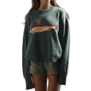 imageCHARTOU Women Fashion Crew Neck Rib Knit Crucian Carp Graphic Oversized Y2k Pullover Sweater JumperDark Green