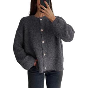 imageCHARTOU Women Fuzzy Knit Sweater Long Sleeve Crewneck Loose Open Front Cardigan TopsGrey