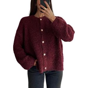 imageCHARTOU Women Fuzzy Knit Sweater Long Sleeve Crewneck Loose Open Front Cardigan TopsWine