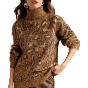 imageCHARTOU Women Fuzzy Leopard Knit Pullover Sweater Fall Winter Oversized Turtleneck Long Sleeve Jumper TopsBrown