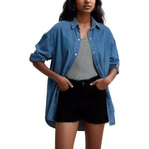 imageCHARTOU Women Oversized Denim Shirt Button Down Blouse Boyfriend Casual Loose Fit Jean TopsBlue