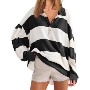 imageCHARTOU Women Spring Fall Stripes Pullover Sweatshirt Polo Collar Long Sleeve Oversized Pullover Shirt TopsBlack