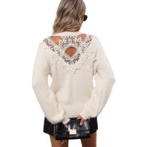 imageCHARTOU Womens 2023 Trendy Sexy Back Cut Out Lace Applique Fluffy Knit Pullover Sweater TopsApricot