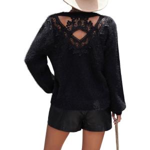 imageCHARTOU Womens 2023 Trendy Sexy Back Cut Out Lace Applique Fluffy Knit Pullover Sweater TopsBlack