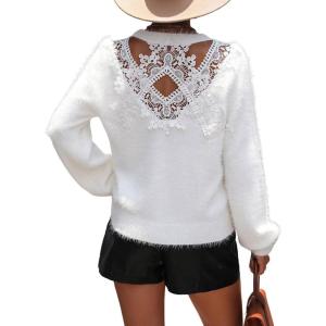 imageCHARTOU Womens 2023 Trendy Sexy Back Cut Out Lace Applique Fluffy Knit Pullover Sweater TopsWhite