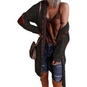 imageCHARTOU Womens Casual Cable Knit Hooded Long Open Front Cardigan Sweater Jacket OutwearBlack