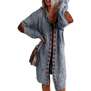 imageCHARTOU Womens Casual Cable Knit Hooded Long Open Front Cardigan Sweater Jacket OutwearBlue