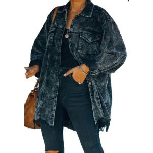 imageCHARTOU Womens Retro Lapel Collar Distressed Corduroy Oversized MidiLong Shirt JacketBlack