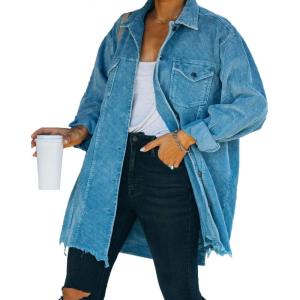 imageCHARTOU Womens Retro Lapel Collar Distressed Corduroy Oversized MidiLong Shirt JacketBlue