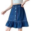 imageCHARTOU Women Denim Jean A Line Skirt Above Knee Flared Ruffle Skirt Button Elastic Waist Pleated Jean SkirtBlue
