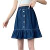imageCHARTOU Women Denim Jean A Line Skirt Above Knee Flared Ruffle Skirt Button Elastic Waist Pleated Jean SkirtBlue