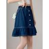 imageCHARTOU Women Denim Jean A Line Skirt Above Knee Flared Ruffle Skirt Button Elastic Waist Pleated Jean SkirtBlue