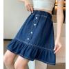 imageCHARTOU Women Denim Jean A Line Skirt Above Knee Flared Ruffle Skirt Button Elastic Waist Pleated Jean SkirtBlue