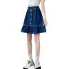 imageCHARTOU Women Denim Jean A Line Skirt Above Knee Flared Ruffle Skirt Button Elastic Waist Pleated Jean SkirtBlue