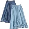 imageCHARTOU Women Lightweight Denim Skirt Ruffle Pleated A Line Skirt Elastic Waist Jean Skirt Flowy Midi SkirtDark Blue