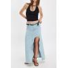 imageCHARTOU Women Retro Denim Maxi Skirt Mid Waist Side Wavy Slit A Line Long Jean Skirt with PocketsBlue