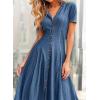 imageCHARTOU Women Summer Short Sleeve Denim Midi Dress V Neck Flare Jean Dress Button Down Ruffle Flowy ALine DressBlue