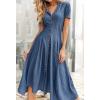 imageCHARTOU Women Summer Short Sleeve Denim Midi Dress V Neck Flare Jean Dress Button Down Ruffle Flowy ALine DressBlue