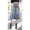 imageCHARTOU Womens Chic High Waist Frayed Irregular ALine Midi Long Denim Skirt with BeltBlue
