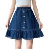 imageCHARTOU Women Denim Jean A Line Skirt Above Knee Flared Ruffle Skirt Button Elastic Waist Pleated Jean SkirtBlue