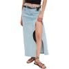 imageCHARTOU Women Retro Denim Maxi Skirt Mid Waist Side Wavy Slit A Line Long Jean Skirt with PocketsBlue