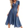 imageCHARTOU Women Summer Short Sleeve Denim Midi Dress V Neck Flare Jean Dress Button Down Ruffle Flowy ALine DressBlue