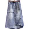 imageCHARTOU Womens Chic High Waist Frayed Irregular ALine Midi Long Denim Skirt with BeltBlue