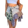 imageCHARTOU Womens Chic Y2k Style High Waist Irregular Plaid Patchwork Denim Jean Mini SkirtBlue