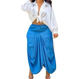 imageCHARTOU Women Long Cargo Skirt Baggy Parachute Skirt Asymmetrical Draped Maxi Skirt Ruched Utility Skirt PocketBlue