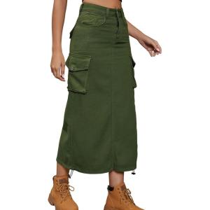 imageCHARTOU Women Long Denim Maxi Skirt Cargo Skirt Jean Skirt Y2K Casual Ruched A Line Pencil Skirt with PocketArmygreen