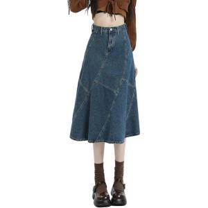 imageCHARTOU Women Summer Patchwork Denim Maxi Skirt Vintage High Waist A Line Long SkirtBlue