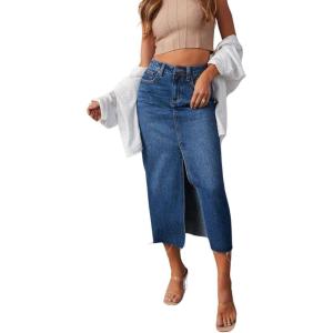 imageCHARTOU Womens Summer Classic High Waist Split MidiLong Denim Jean Pencil SkirtDark Blue