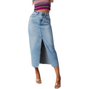 imageCHARTOU Womens Summer Classic High Waist Split MidiLong Denim Jean Pencil SkirtLight Blue