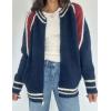 imageCHARTOU Casual Zip Up Sweaters for Women Fall Color Block Open Cardigan Sweaters CoatNavy