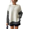 imageCHARTOU Women Contrast Stripe Sweater Casual Crewneck Batwing Long Sleeve Pullover Sweater Jumper TopsBeige