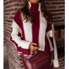 imageCHARTOU Women Fall Winter Turtleneck Sweater Color Block Patchwork Striped Knit Pullover Sweater TopsWine