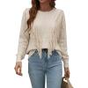imageCHARTOU Womens Crewneck Cable Pointelle Long Sleeve Tassel Fringed Knitwear Sweater PulloverApricot