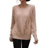 imageCHARTOU Womens Crewneck Cable Pointelle Long Sleeve Tassel Fringed Knitwear Sweater PulloverKhaki