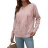 imageCHARTOU Womens Crewneck Cable Pointelle Long Sleeve Tassel Fringed Knitwear Sweater PulloverPink